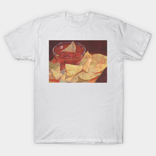 White t-shirt with nachos and salsa graphic, casual style, cotton material, perfect for food lovers or casual wear.