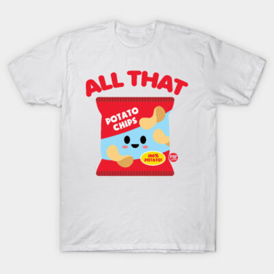 White T-shirt with colorful potato chips graphic and "All That" text, casual cotton apparel for everyday wear.