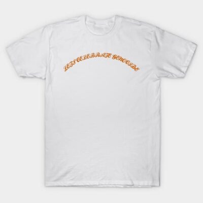 White cotton t-shirt with orange "Let's Celebrate" text, casual style, perfect for everyday wear.
