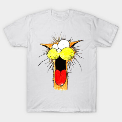 White t-shirt with colorful cartoon cat design, featuring vibrant yellow and red details, perfect for casual wear.