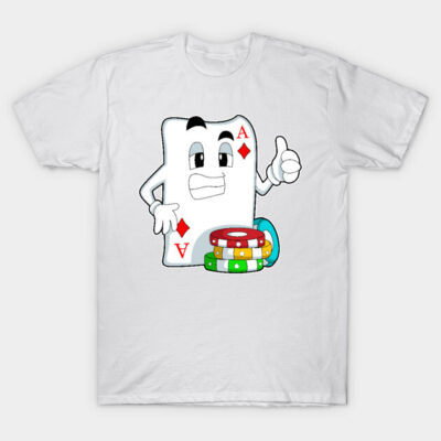 White T-shirt featuring a cartoon ace of diamonds with poker chips, casual wear, cotton material, fun card theme design.