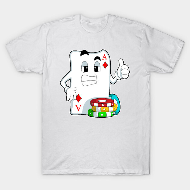 White T-shirt featuring a cartoon ace of diamonds with poker chips, casual wear, cotton material, fun card theme design.