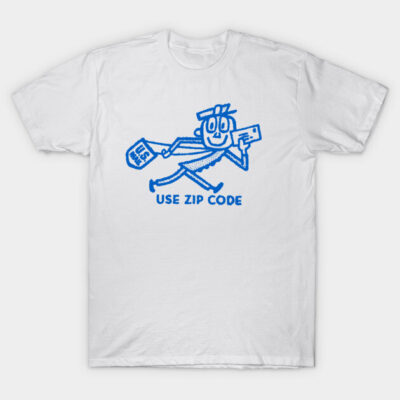 White t-shirt with blue graphic design, "Use Zip Code" text, casual wear, unisex cotton material.