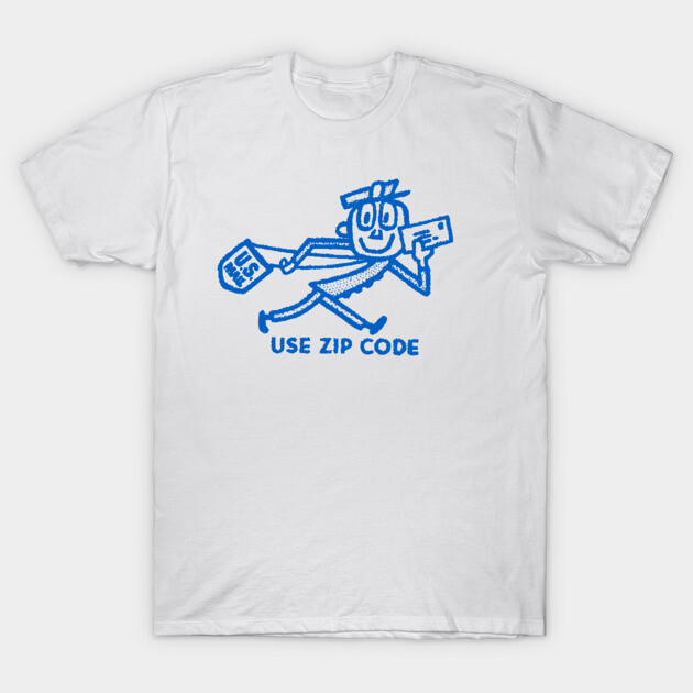 White t-shirt with blue graphic design, "Use Zip Code" text, casual wear, unisex cotton material.