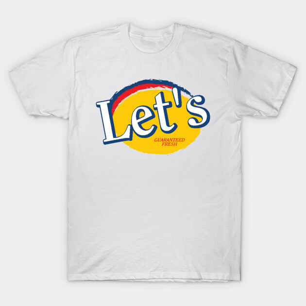 White t-shirt with colorful retro "Let's" graphic design, casual wear, cotton fabric, unisex style, summer apparel.