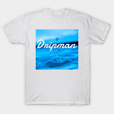 White t-shirt with "Dripman" graphic, featuring blue water drop design; casual wear, cotton material.