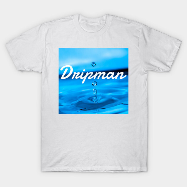 White t-shirt with "Dripman" graphic, featuring blue water drop design; casual wear, cotton material.