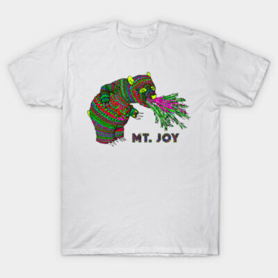 White t-shirt with colorful bear graphic and "MT. JOY" text, casual style, unisex cotton fabric for everyday wear.