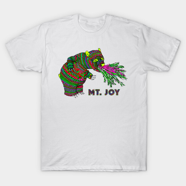 White t-shirt with colorful bear graphic and "MT. JOY" text, casual style, unisex cotton fabric for everyday wear.