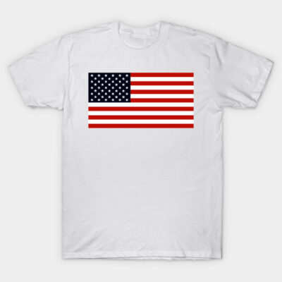 White t-shirt with American flag print, casual style, cotton material, ideal for patriotic occasions and everyday wear.