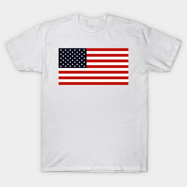White t-shirt with American flag print, casual style, cotton material, ideal for patriotic occasions and everyday wear.