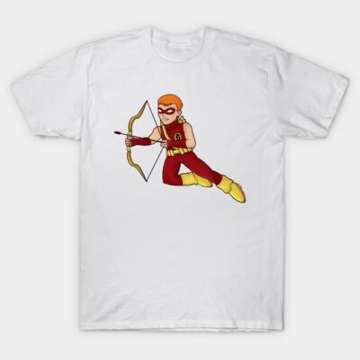 White graphic t-shirt featuring an archer illustration in red and yellow. Casual wear, cotton material, unisex style.