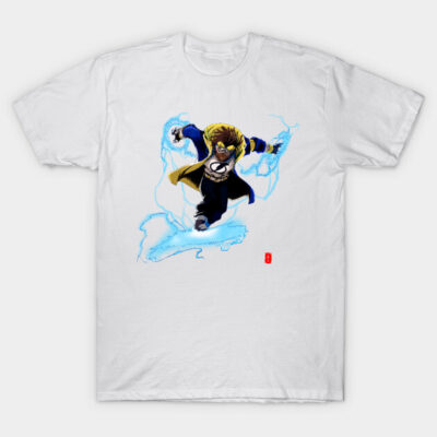 White cotton T-shirt featuring dynamic comic book character design with electric blue accents, perfect for casual wear.