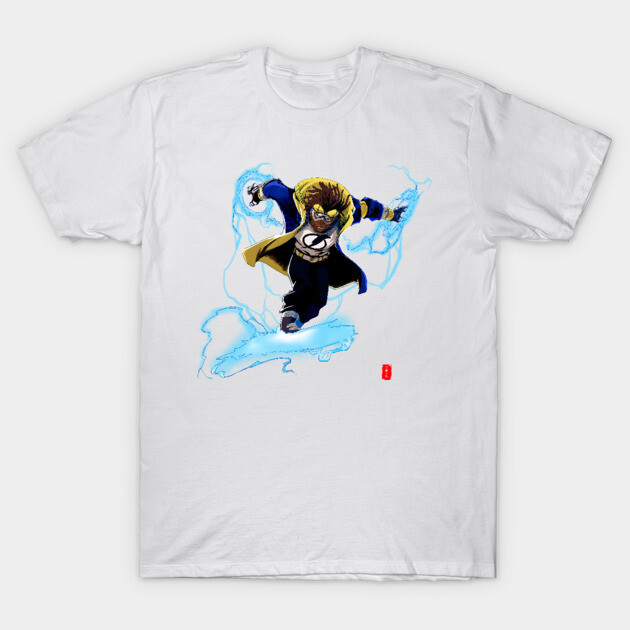 White cotton T-shirt featuring dynamic comic book character design with electric blue accents, perfect for casual wear.