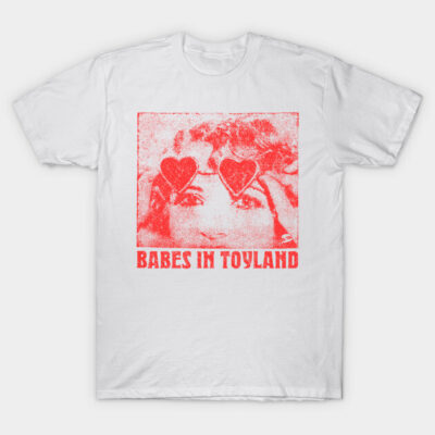 White cotton T-shirt featuring red graphic design with text "Babes in Toyland," ideal for casual wear.