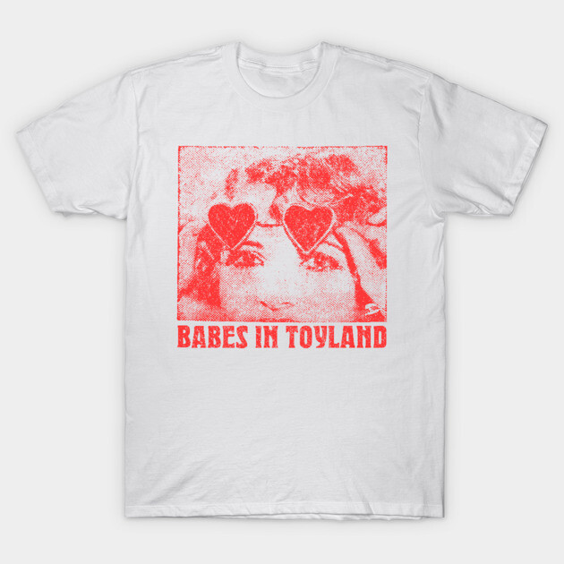 White cotton T-shirt featuring red graphic design with text "Babes in Toyland," ideal for casual wear.