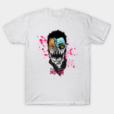 White T-shirt with colorful graphic design, abstract art style, featuring bold splashes of pink and unique face illustration.