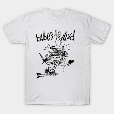 White graphic tee with edgy black illustration and text design, perfect for casual wear. Cotton material for comfort.
