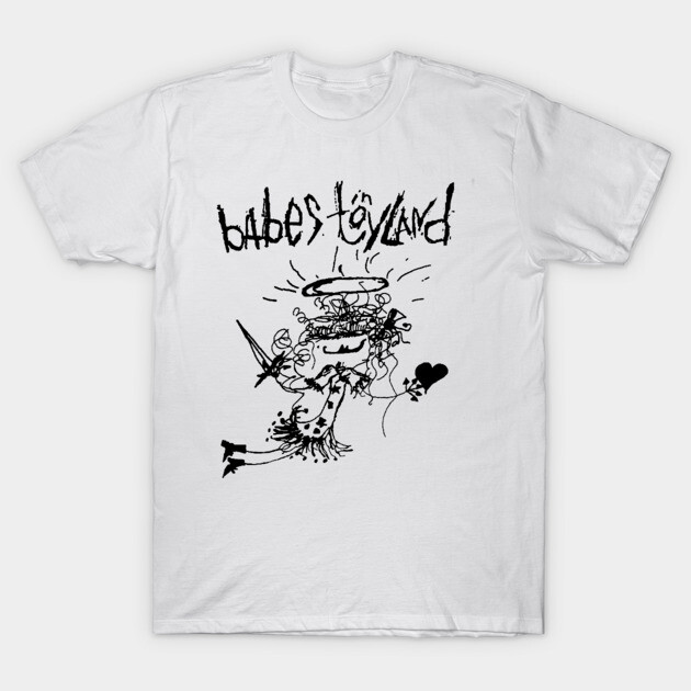 White graphic tee with edgy black illustration and text design, perfect for casual wear. Cotton material for comfort.
