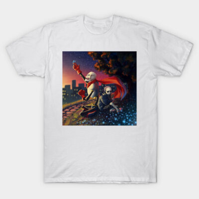 White t-shirt with colorful fantasy skeleton graphic, cityscape background, casual wear, cotton material, unisex design.