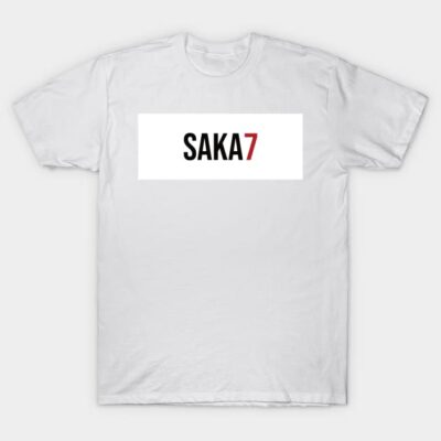 White cotton t-shirt with "SAKA 7" design in black and red text, casual style, unisex, comfortable fit.
