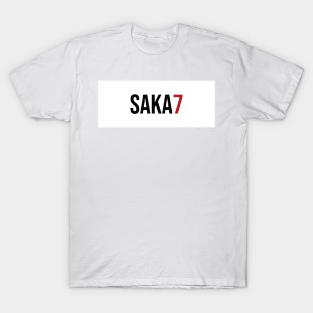 White cotton t-shirt with "SAKA 7" design in black and red text, casual style, unisex, comfortable fit.