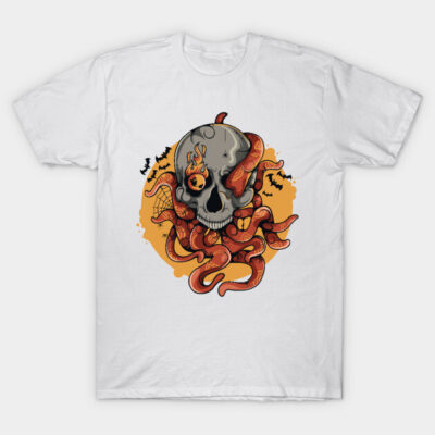 White t-shirt with a colorful skull and tentacle design, Halloween theme, casual style, cotton material.
