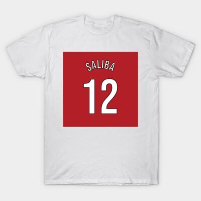 White cotton t-shirt with red square design, featuring number 12 and text, casual sportswear style.