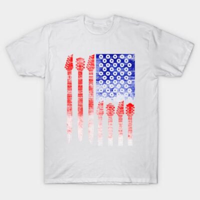 White T-shirt featuring red guitar necks and blue stars in a flag design, perfect for music lovers and casual wear.