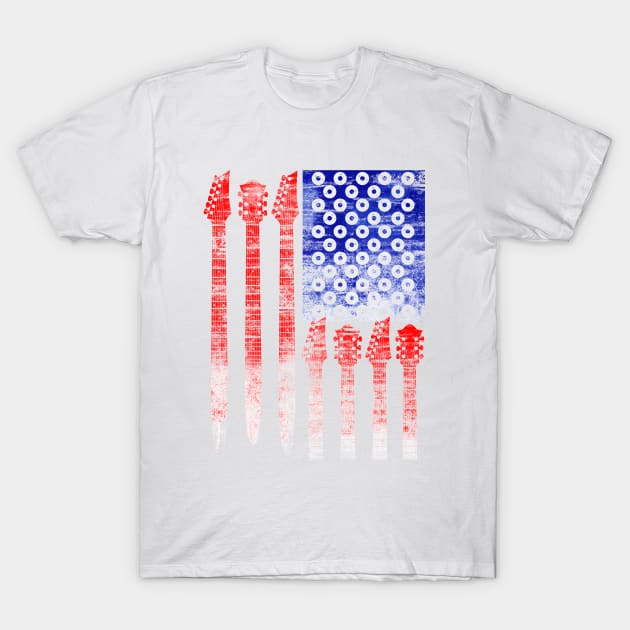 White T-shirt featuring red guitar necks and blue stars in a flag design, perfect for music lovers and casual wear.