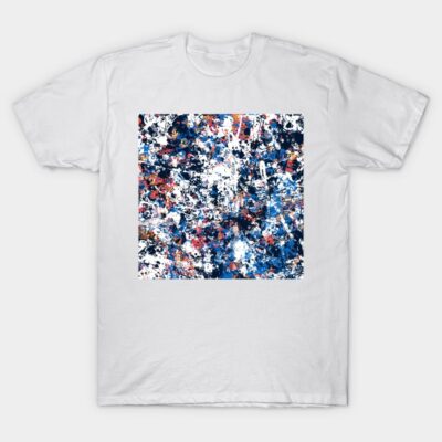 White T-shirt with abstract blue and red splatter design, cotton, casual wear, unisex, artistic print.