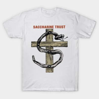 White T-shirt featuring "Saccharine Trust" text and snake on cross design, casual wear, cotton material.