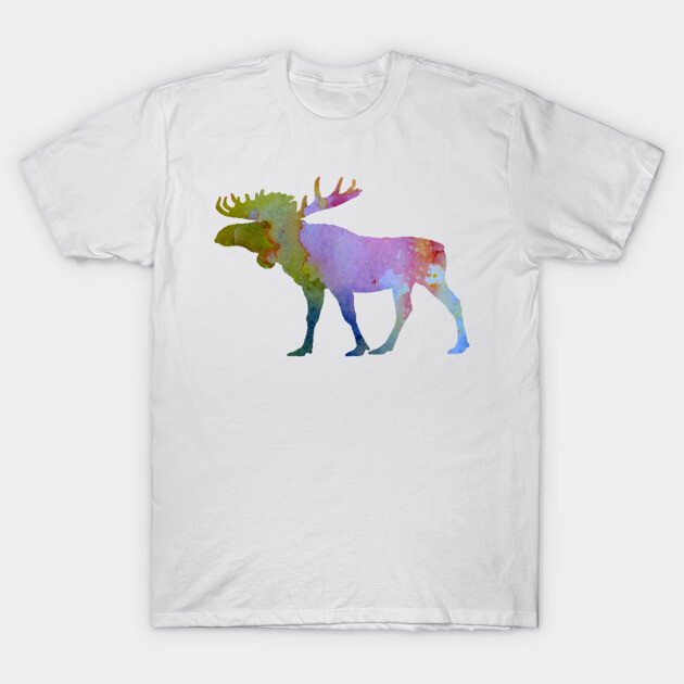 White t-shirt with colorful watercolor moose print, casual style, made of soft cotton, ideal for everyday wear.