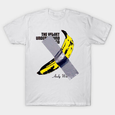 White graphic t-shirt featuring a yellow banana design with duct tape, inspired by pop art style. Cotton material.