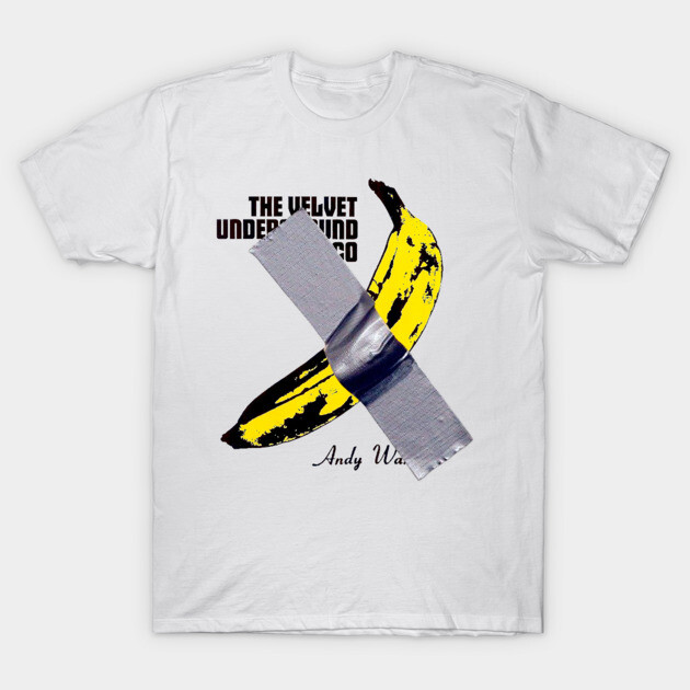 White graphic t-shirt featuring a yellow banana design with duct tape, inspired by pop art style. Cotton material.