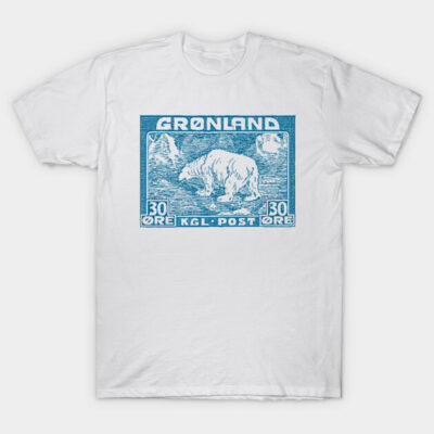 White t-shirt with blue vintage Greenland stamp print, featuring polar bear design, casual wear, cotton material.