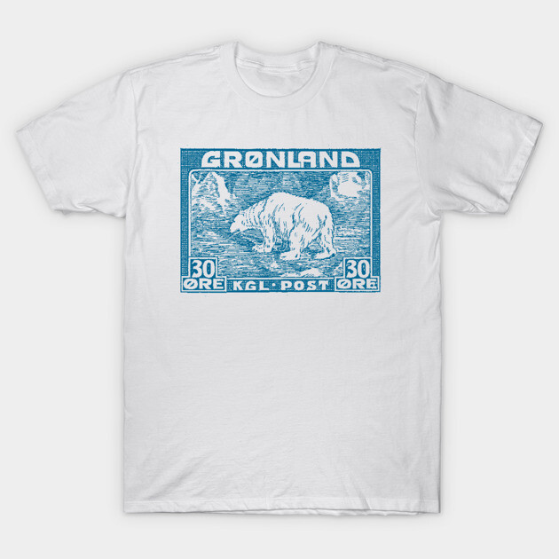 White t-shirt with blue vintage Greenland stamp print, featuring polar bear design, casual wear, cotton material.