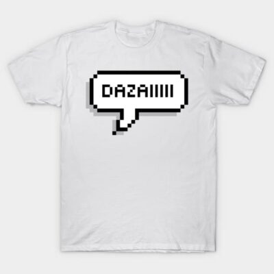 White graphic t-shirt with "DAZAI" pixel speech bubble design, casual cotton top for everyday wear.