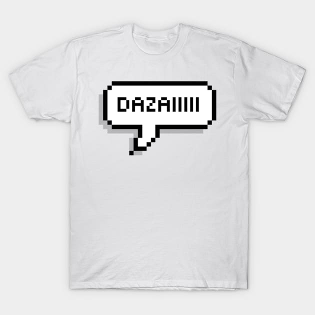 White graphic t-shirt with "DAZAI" pixel speech bubble design, casual cotton top for everyday wear.
