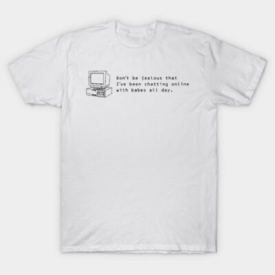 White graphic t-shirt with retro computer print and humorous text, casual style, perfect for everyday wear.