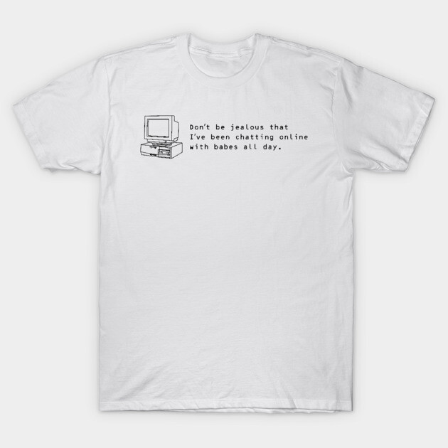 White graphic t-shirt with retro computer print and humorous text, casual style, perfect for everyday wear.