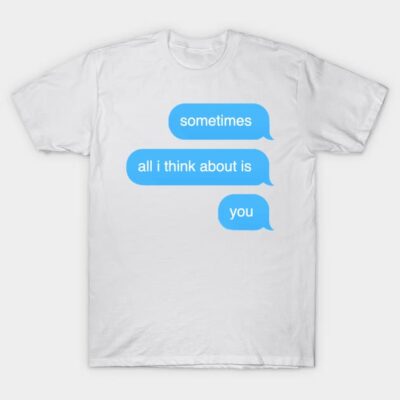 White unisex t-shirt with blue speech bubble print, casual style, cotton material, perfect for everyday wear.