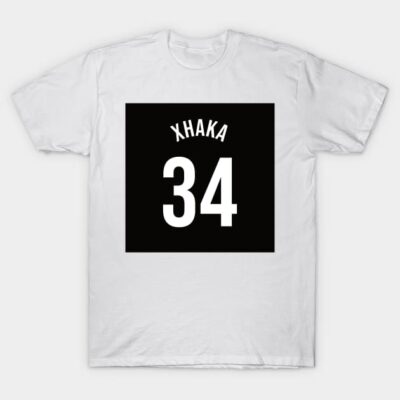 White cotton T-shirt with black square design featuring number 34 and text, casual style for sports fans.