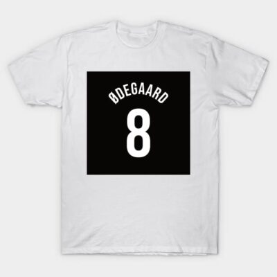 White cotton t-shirt with black square design, featuring bold number 8 and text above, casual wear.