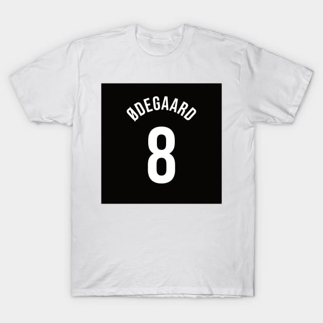 White cotton t-shirt with black square design, featuring bold number 8 and text above, casual wear.