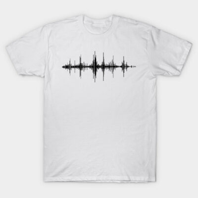 White t-shirt with black soundwave print, casual style, soft cotton fabric, ideal for music lovers and everyday wear.