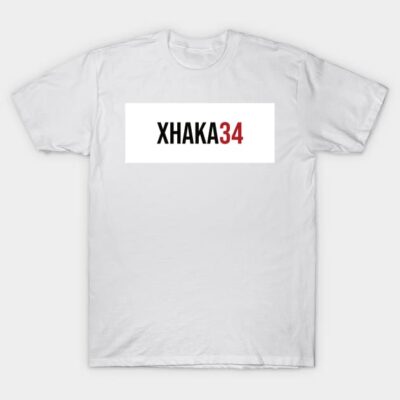 White cotton t-shirt with "XHAKA34" text design in black and red, casual wear, unisex style.