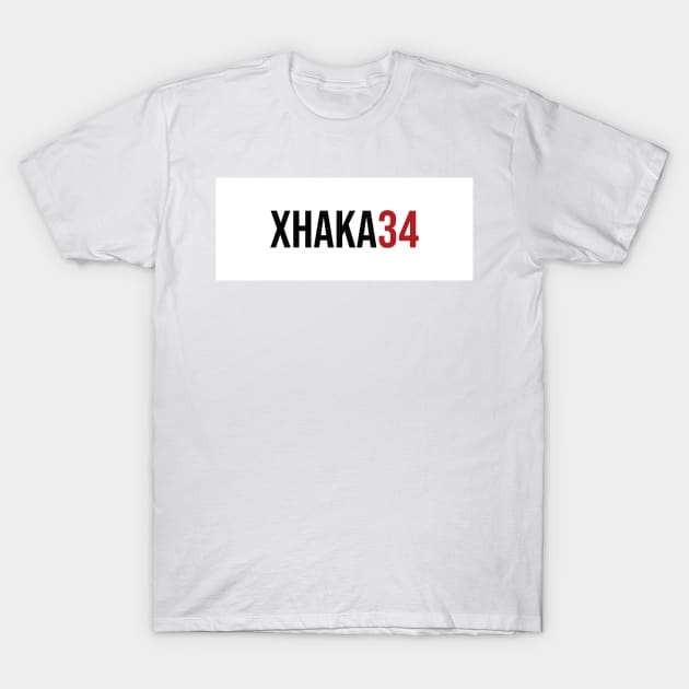 White cotton t-shirt with "XHAKA34" text design in black and red, casual wear, unisex style.