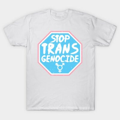 White T-shirt with blue octagon design featuring "Stop Trans Genocide" message, casual fit, cotton material.
