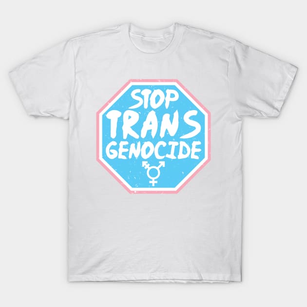 White T-shirt with blue octagon design featuring "Stop Trans Genocide" message, casual fit, cotton material.